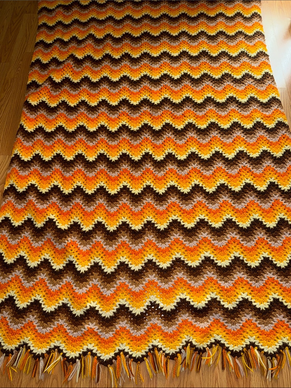 Retro Chevron Crochet Throw Blanket in Orange, Yellow & Brown